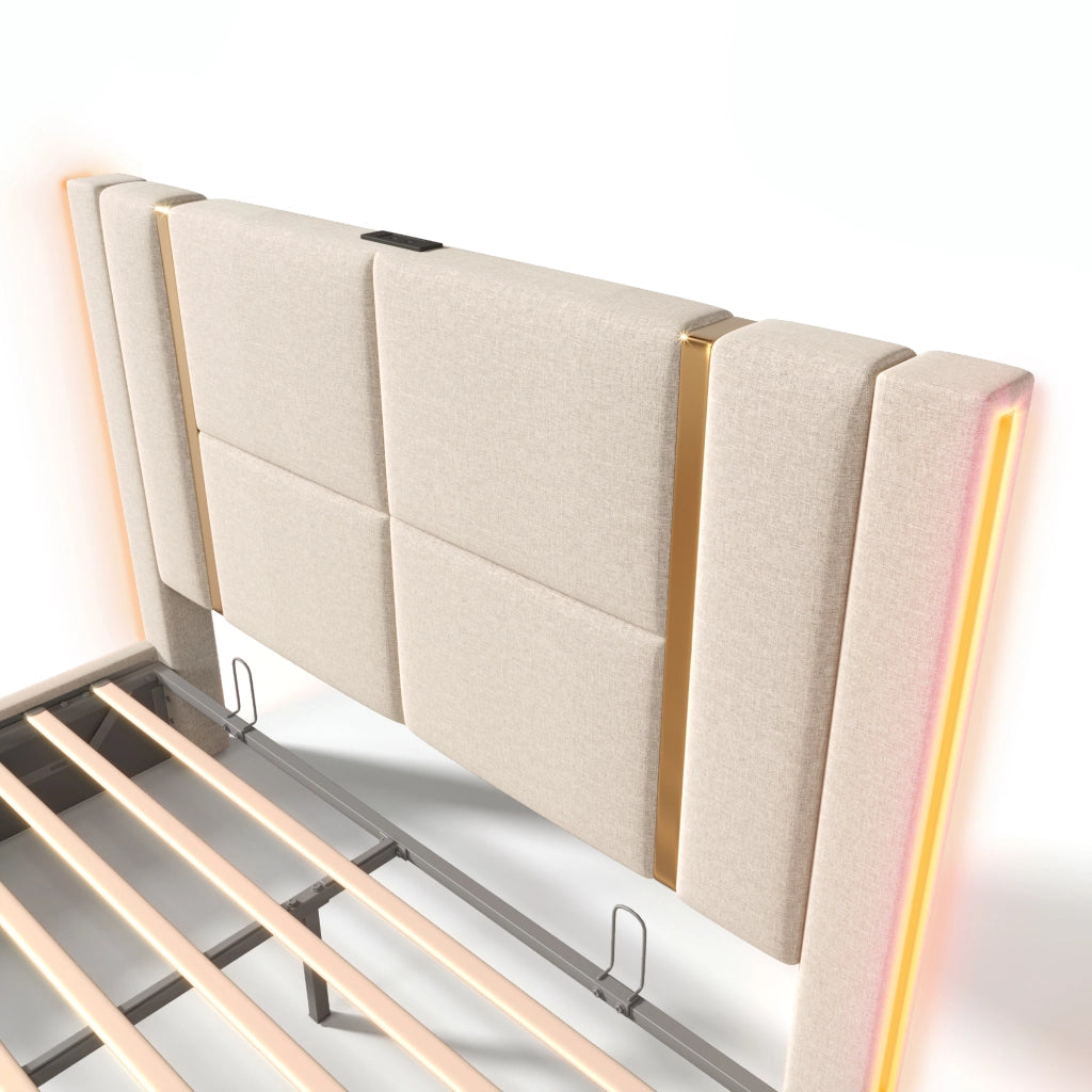 Letto matrimoniale imbottito 160x200 beige con LED RGB