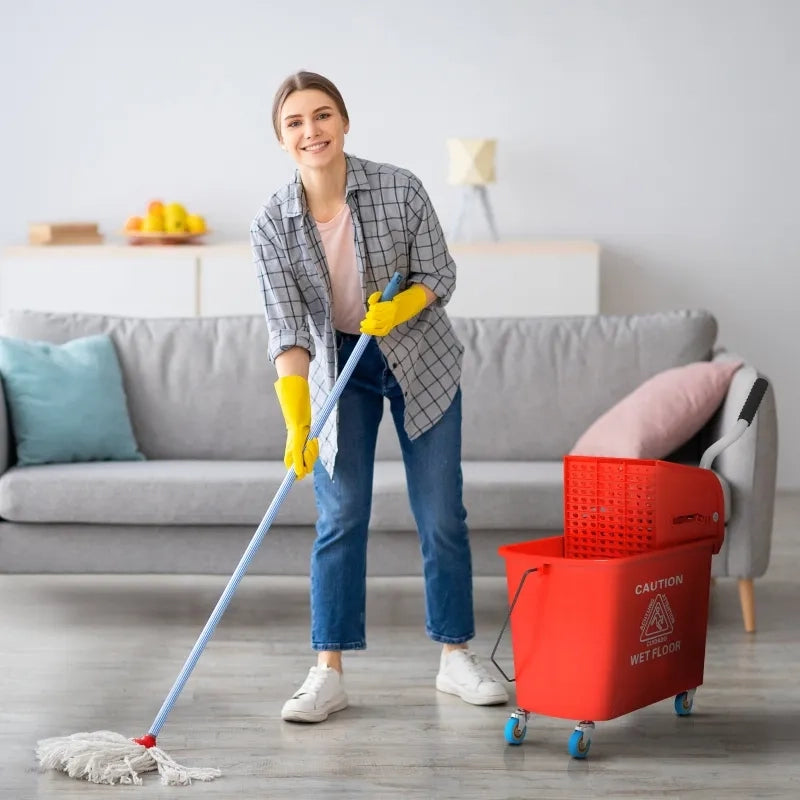 Secchio per mop da 20 L con strizzatore e manico, su ruote, in plastica, rosso