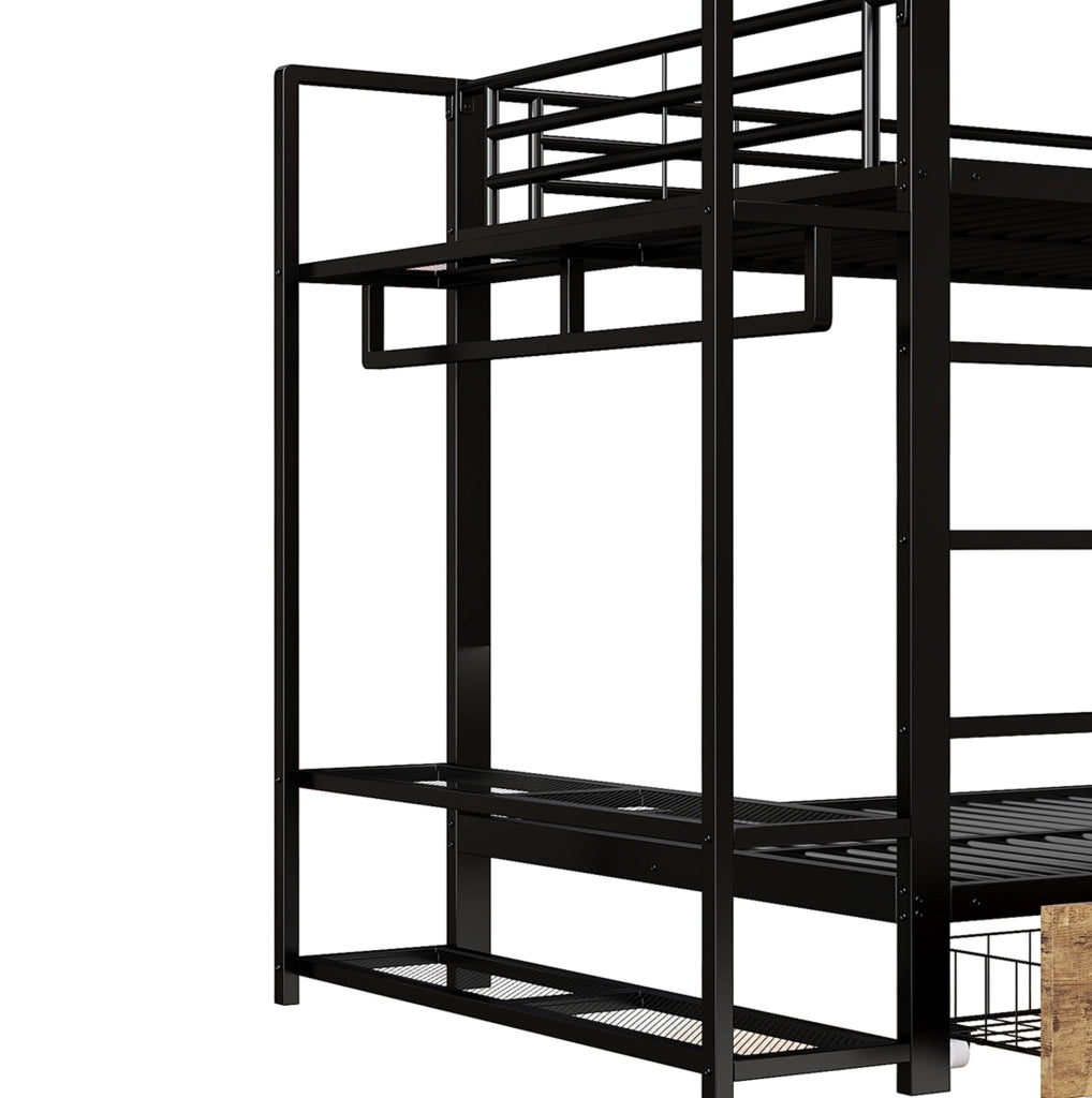 Letto a castello 140x200 cm nero con LED, cassetti e ripiani