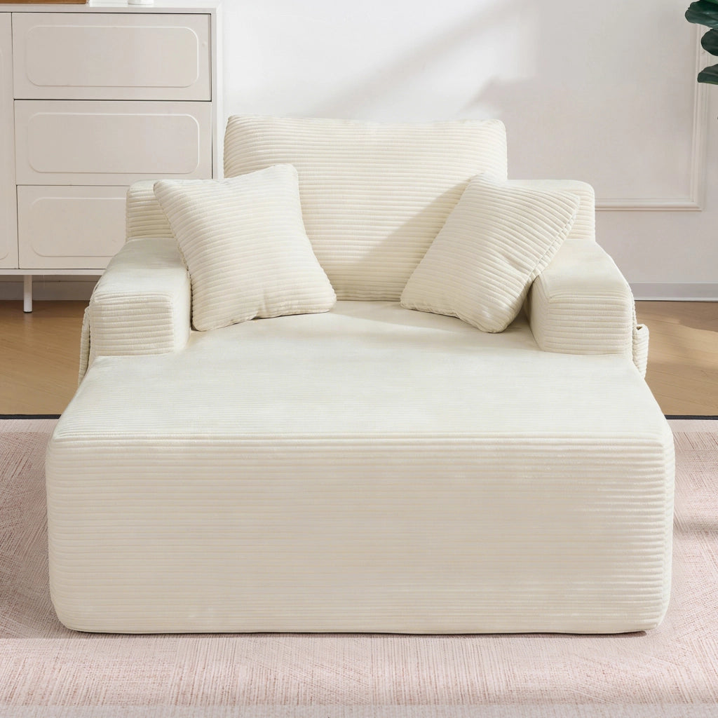 Divano dritto con tasche laterali, cuscini e seduta in schiuma con molle, in velluto a coste, Beige