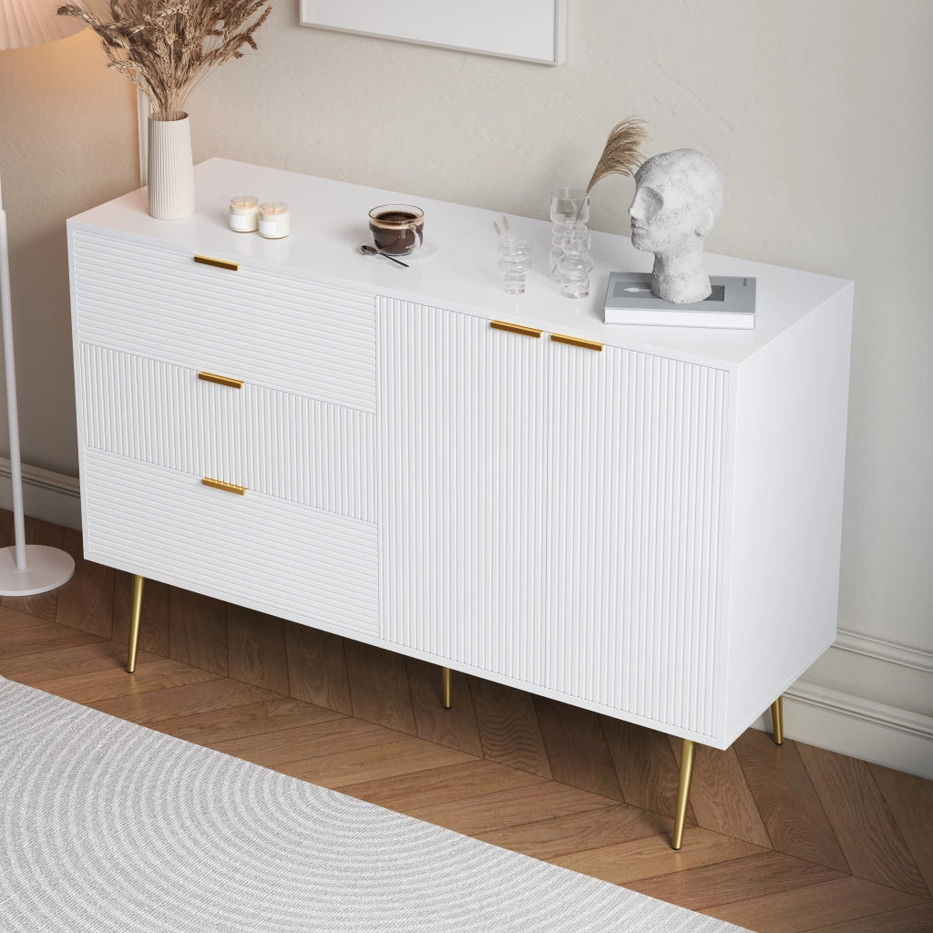 Sideboard moderno 120 x 38 x 80;5 cm in MDF bianco e oro con 3 cassetti e 2 ante
