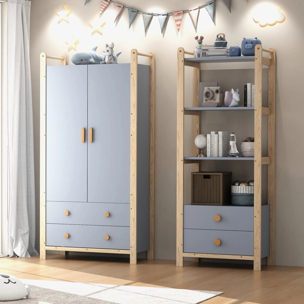 Set guardaroba e scaffale con appendiabiti 4 ripiani aperti e 4 cassetti in legno e MDF blu e naturale