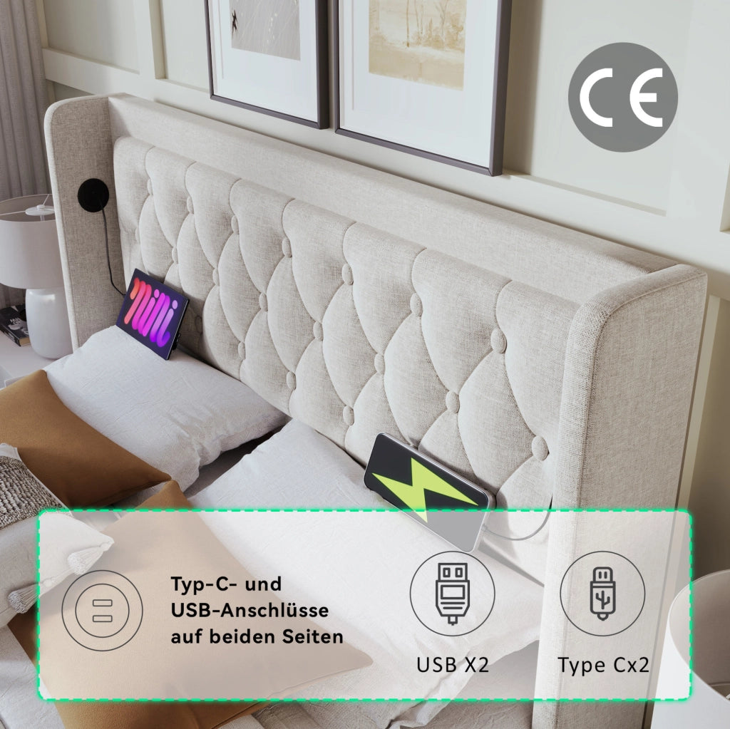 Letto matrimoniale 160x200 cm con contenitore; LED e USB Type-C; imbottito beige in cotone