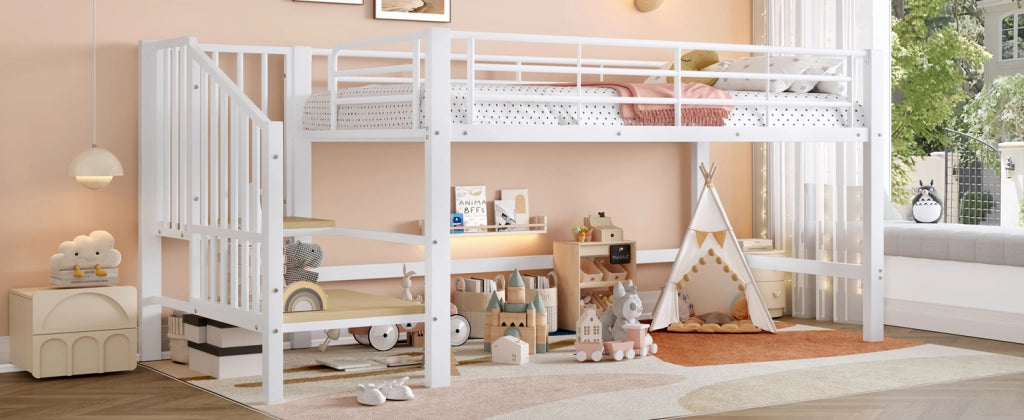 Letto a mezza altezza 90 x 200 cm con scala contenitore - Bianco