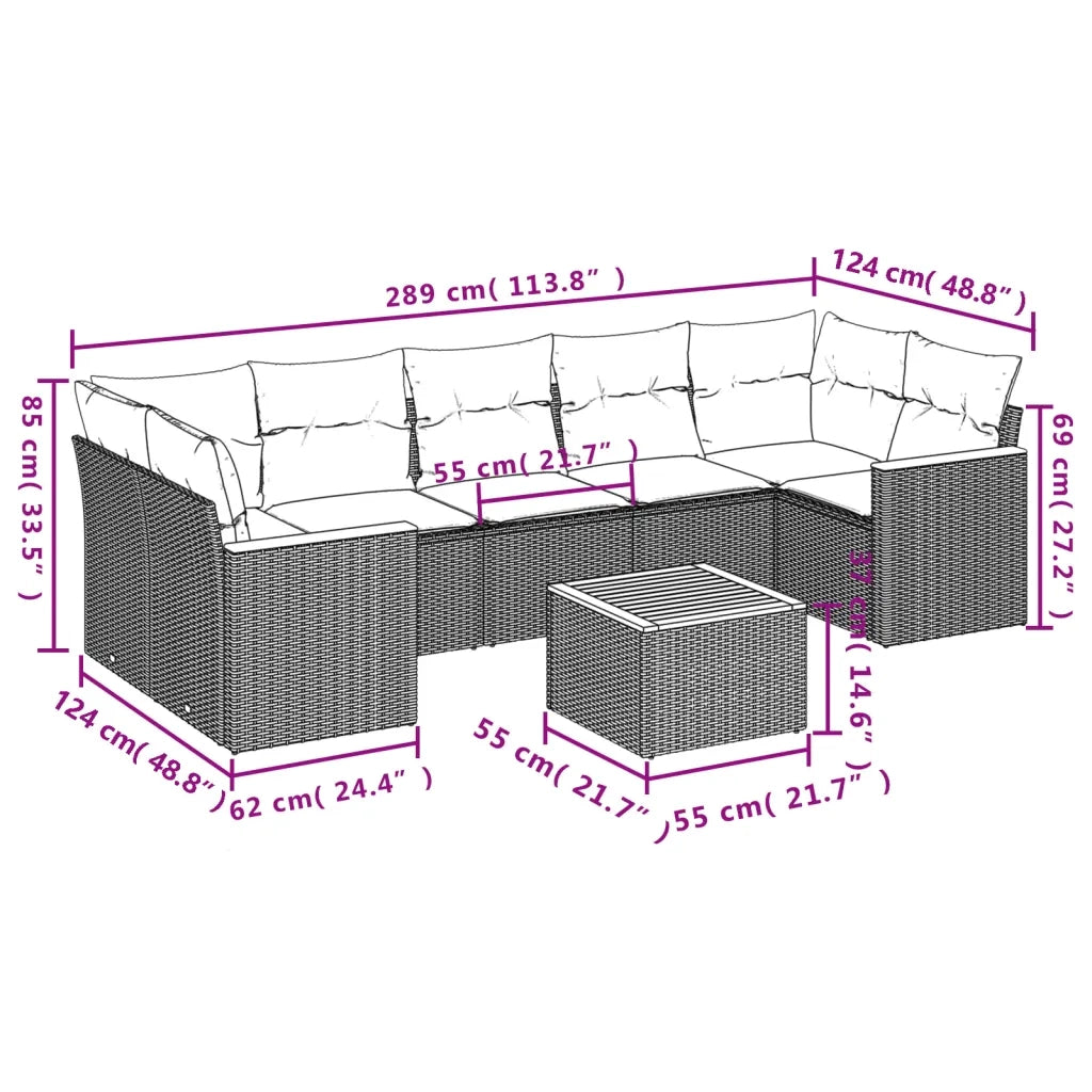 Set Divano da Giardino 8 pz con Cuscini Grigio in Polyrattan