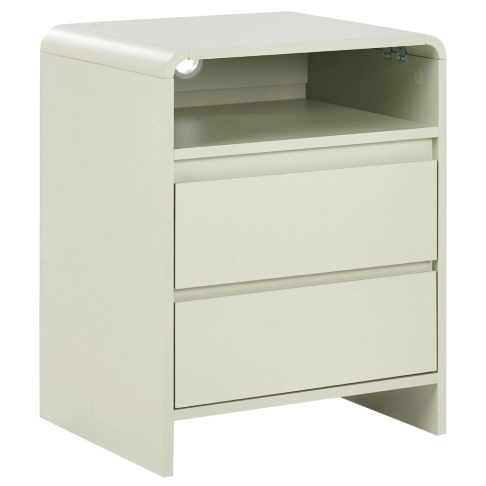 Comodino in legno composito, verde chiaro, moderno, con 2 cassetti