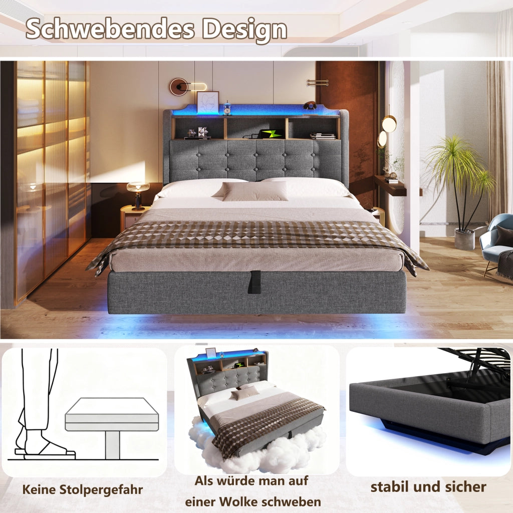 Letto imbottito 140 ¡Á 200 cm con vano idraulico LED USB e tipo C in lino e MDF grigio