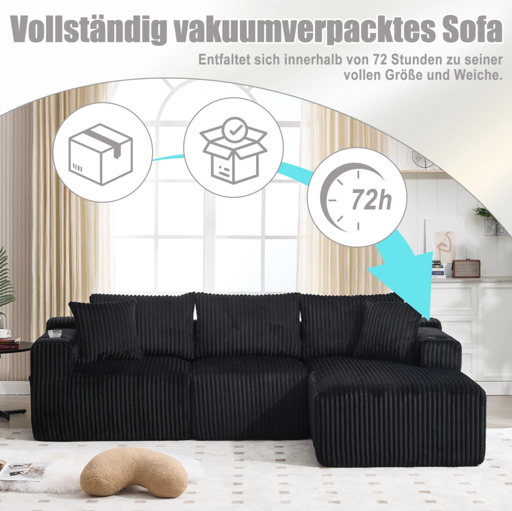 DIVANO modulare con chaise longue e 2 posti 257x90-160x62 cm nero