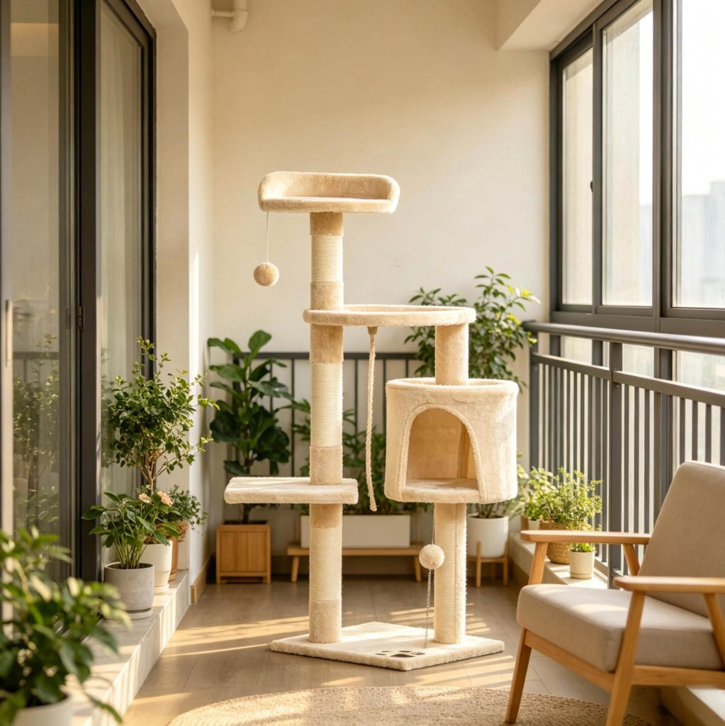 Albero tiragraffi beige a 4 livelli con cuccia e amaca