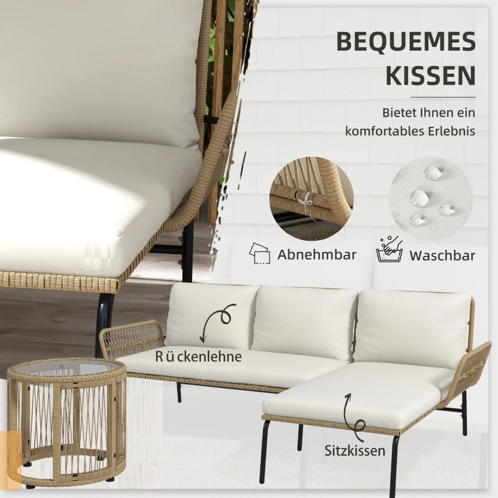 Set mobili da giardino in rattan con sdraio, tavolino, divano 2 posti e cuscini crema per terrazza e balcone