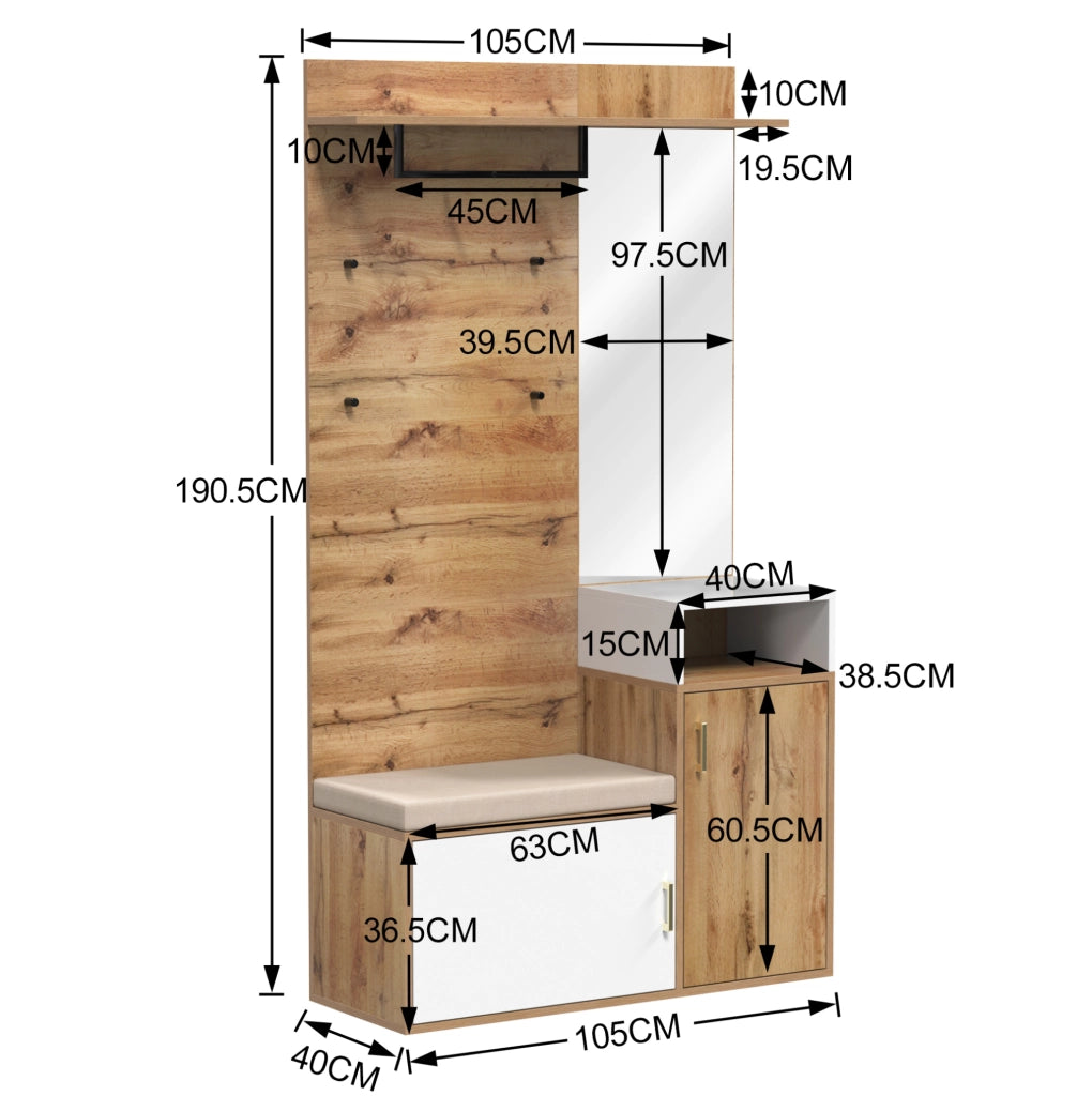 Set da ingresso bianco e legno con specchio, scarpiera, appendiabiti, panca e ganci