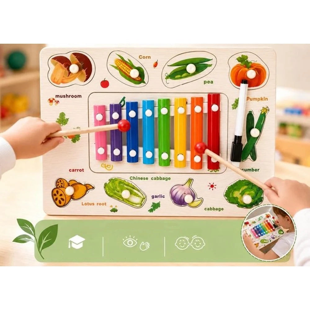 Trade Shop - Gioco Puzzle A Incastro A Tema Verdure Educativo Con Xilofono In Legno Lavagna 07337 -