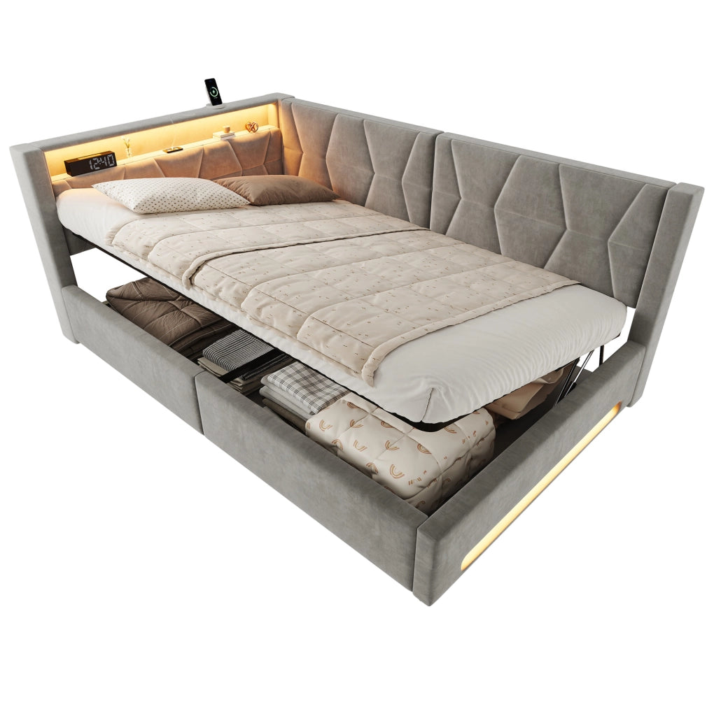 Letto imbottito 140x200 cm con contenitore, LED, USB e Type-C, velluto grigio scuro