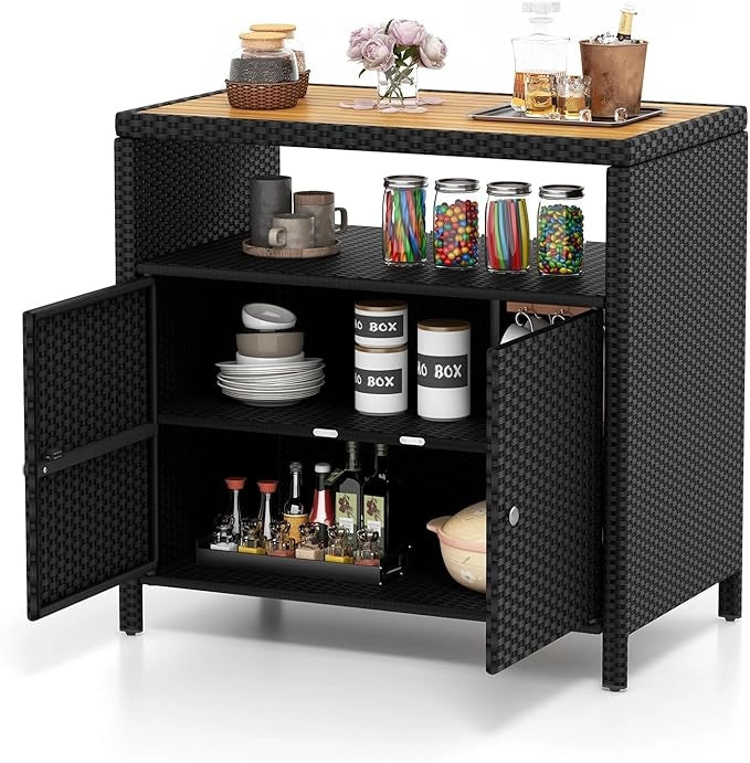 Armadietto Portaoggetti in Rattan, Mobile Buffet per Esterni in Legno di Acacia, Con Compartimento Aperto e Armadio Chiuso a 2 Ante, per Piscina, Terrazza e Patio, 90 x 53 x 86 cm (Nero)