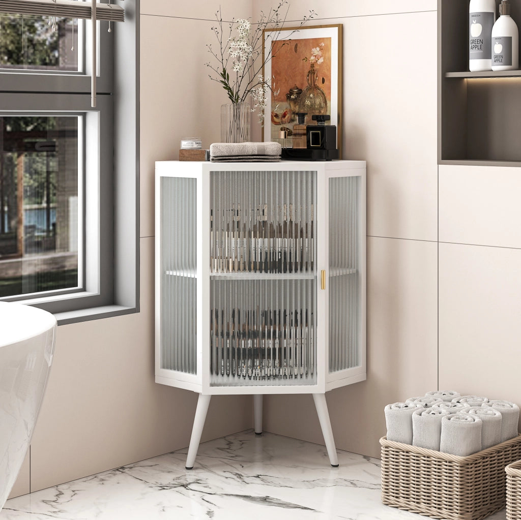 Mobile angolare 80 cm con anta e ripiani in metallo e vetro temperato bianco