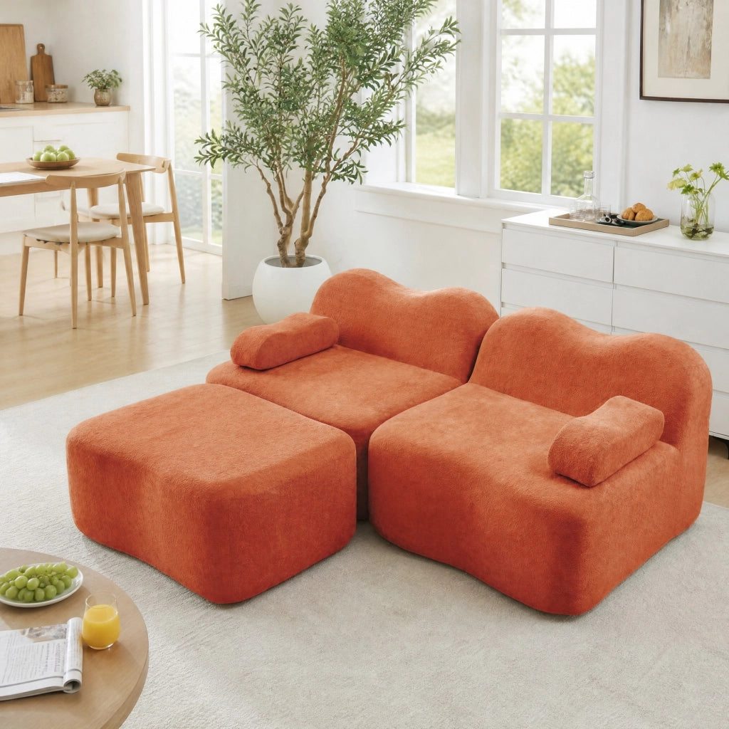 Divano modulare angolare 2 posti con pouf; forma ondulata e cuscino bracciolo mobile; velluto arancione
