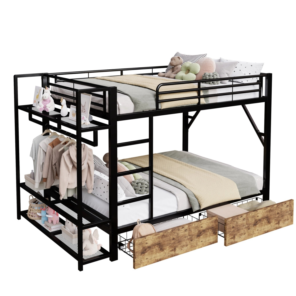 Letto a castello 140x200 cm nero con LED, cassetti e ripiani