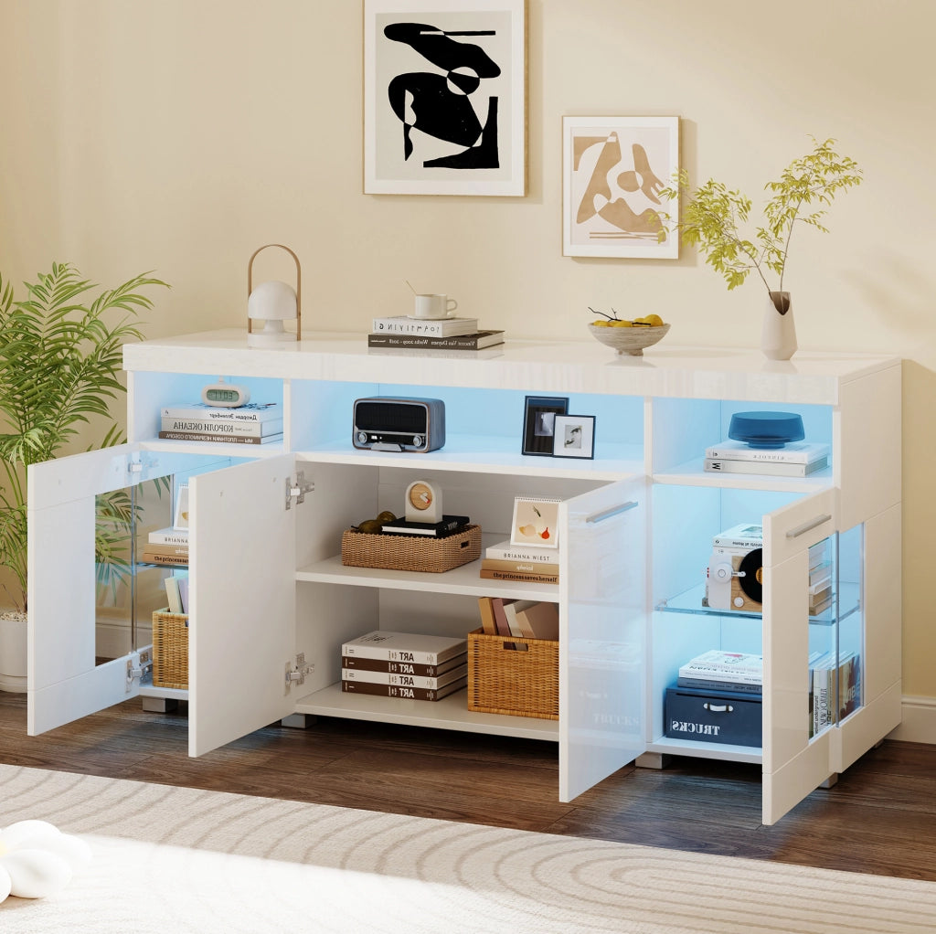 Credenza 140x40x70 cm con LED e 3 cassetti in MDF e vetro temperato bianco