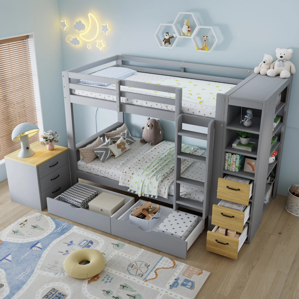 Letto a castello 90x200 cm grigio con cassetti; ripiani laterali e comodino separato