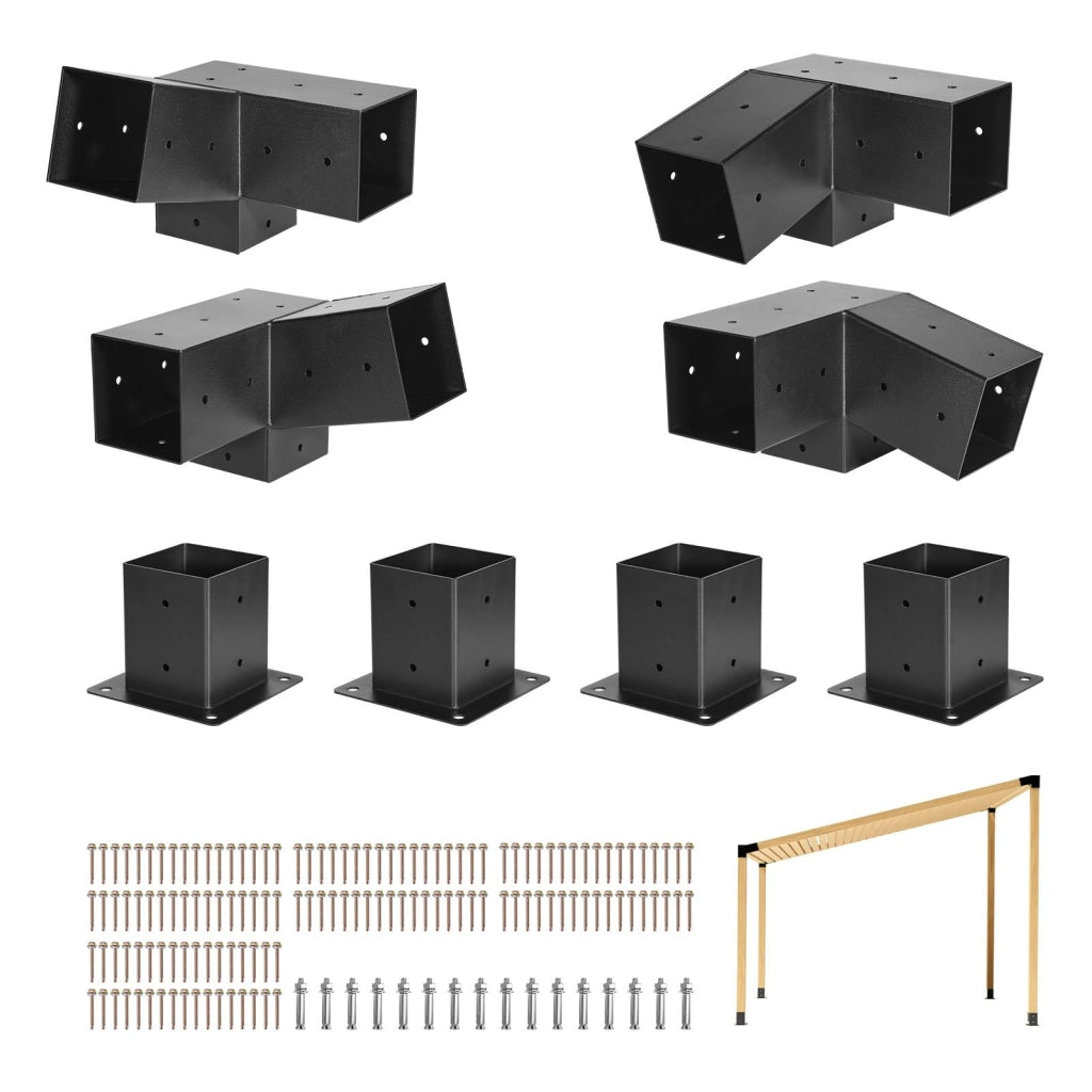 Kit per Pergola in acciaio al carbonio, 8 Pezzi Staffe Inclinate a 3 Vie 92 x 92 mm, Adatto per Travi da ca.1067 x 1067 mm con Accessori per Montaggio
