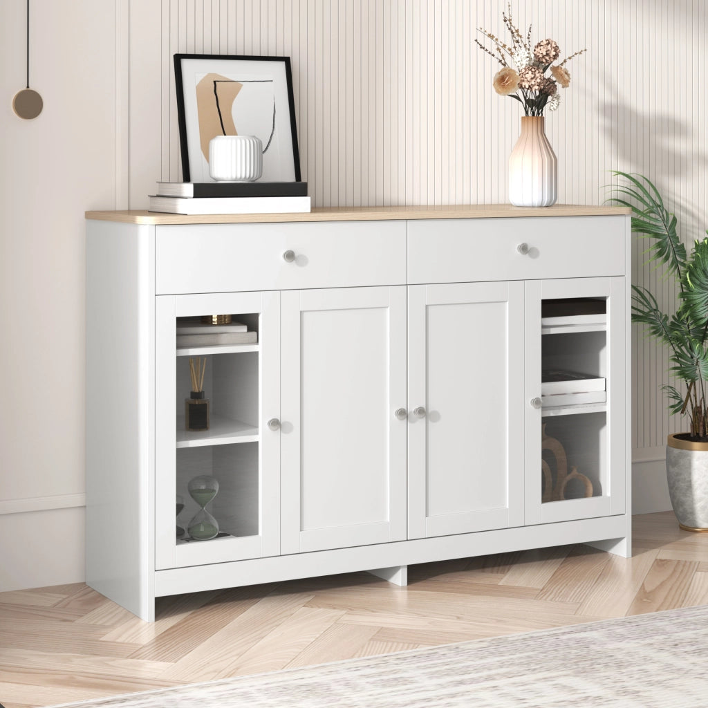 Sideboard rustico 120 cm con 2 cassetti; 4 ante e ripiani regolabili; bianco e legno