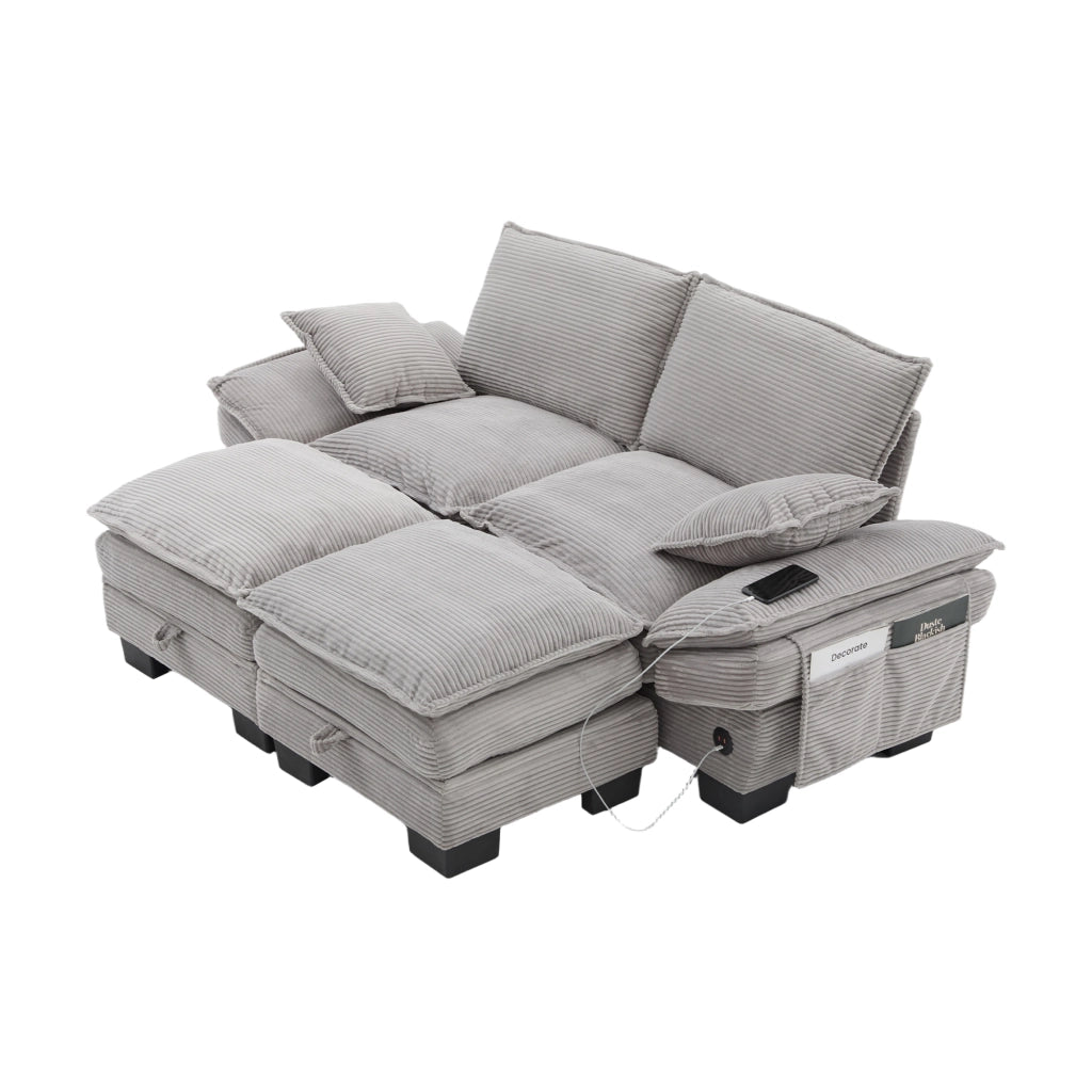 Divano 2 Posti con Poggiapiedi in Tessuto ¨C MINIMAL ¨C Grigio Chiaro