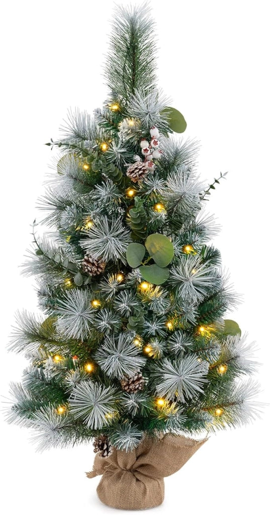 Albero di Natale Artificiale Piccolo 90 CM, Albero di Natale Mini da Tavolo a Batteria con 98 Foglie di PVC Innevate e Pigne, Bacche, 30 Luci LED di Calore Bianco e Timer