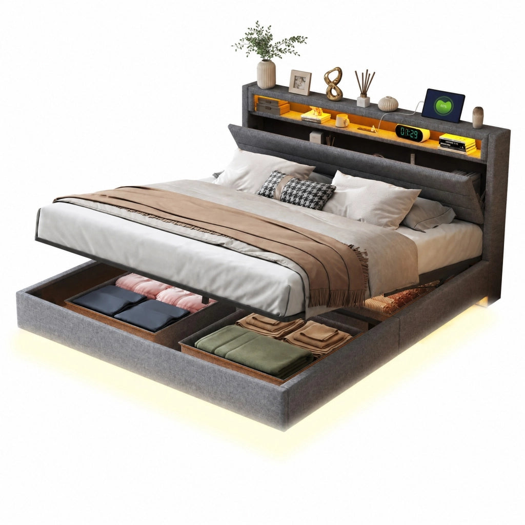 Letto imbottito 160x200 cm con contenitore, USB e LED