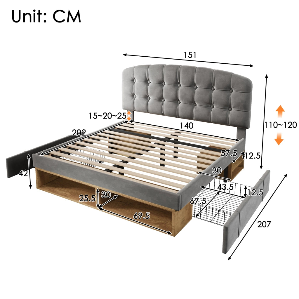 Letto imbottito 140x200 con cassetti grigio