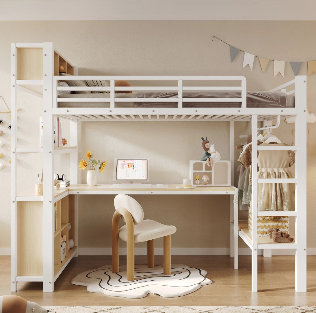 Letto a soppalco 90x200 cm con scrivania, appendiabiti e ripiani bianco
