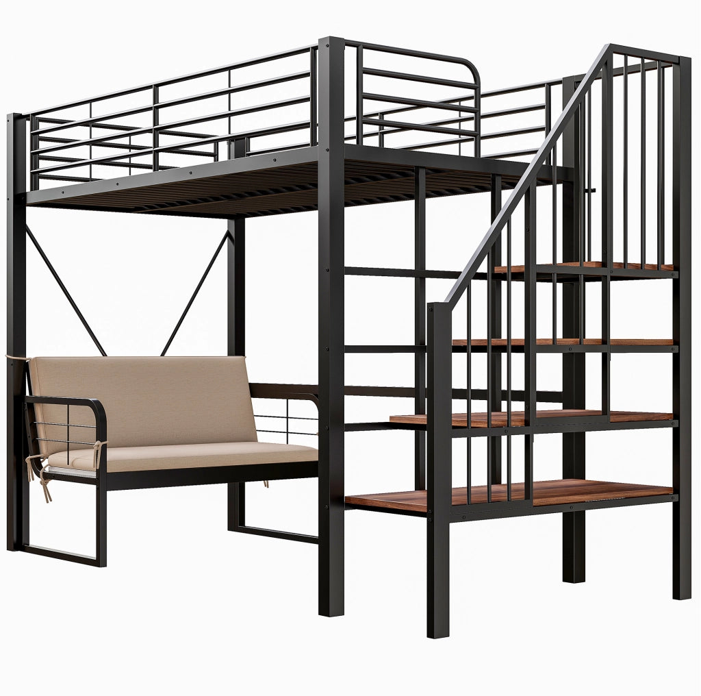 Letto a castello 90x200 cm con divano removibile e scala contenitore in metallo