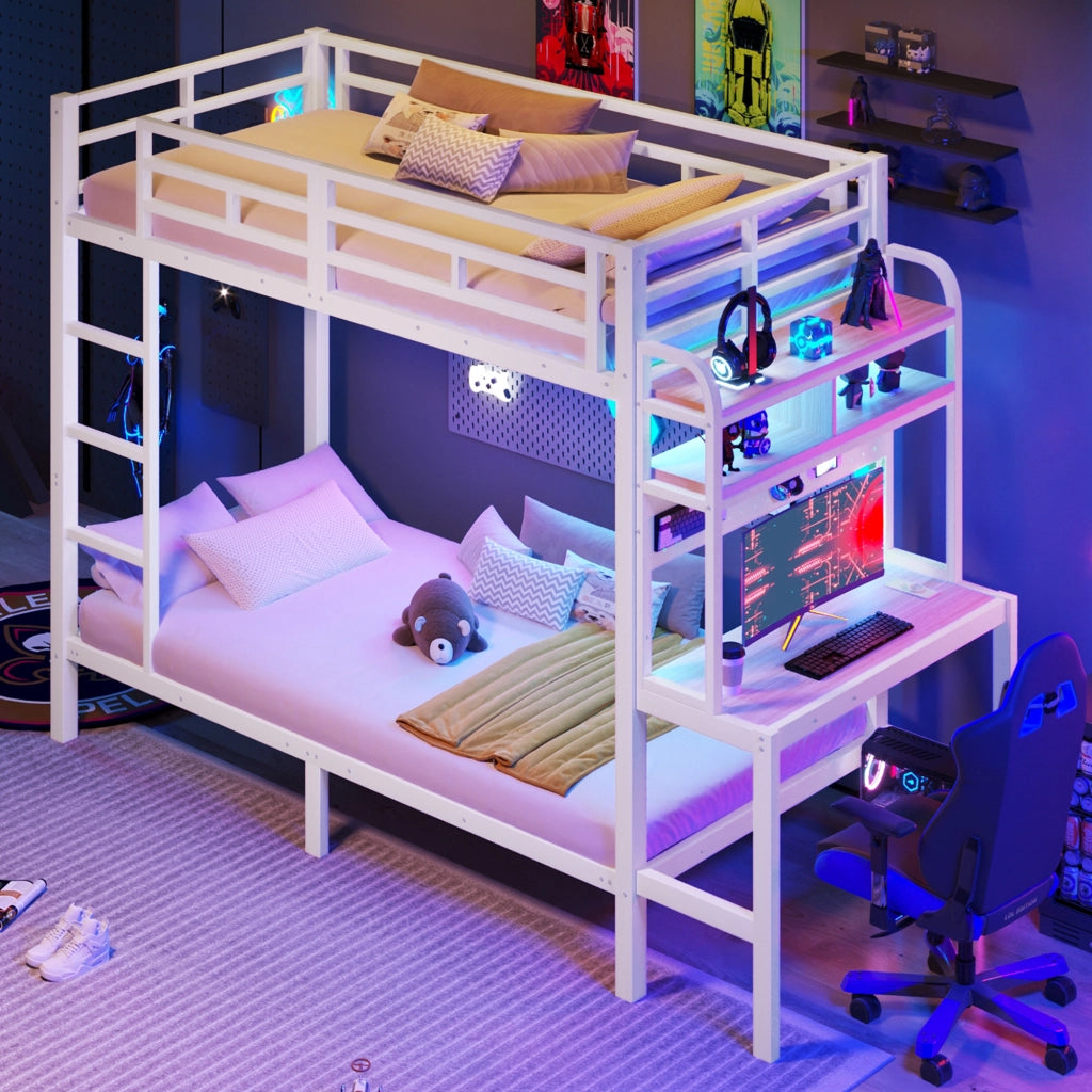 Letto a castello 90 × 200 cm con scrivania LED USB in metallo e MDF bianco con ripiani e scala