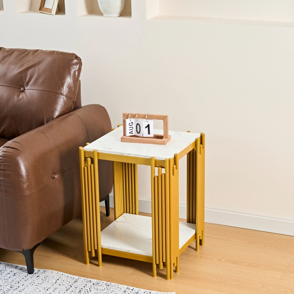 Tavolino con 2 ripiani in MDF effetto marmo bianco e oro