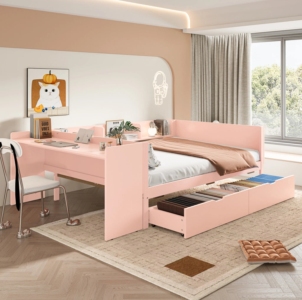 Letto matrimoniale 140x200 con scrivania, 2 cassetti e 3 ripiani, struttura in legno, rosa, per camera ordinata e funzionale