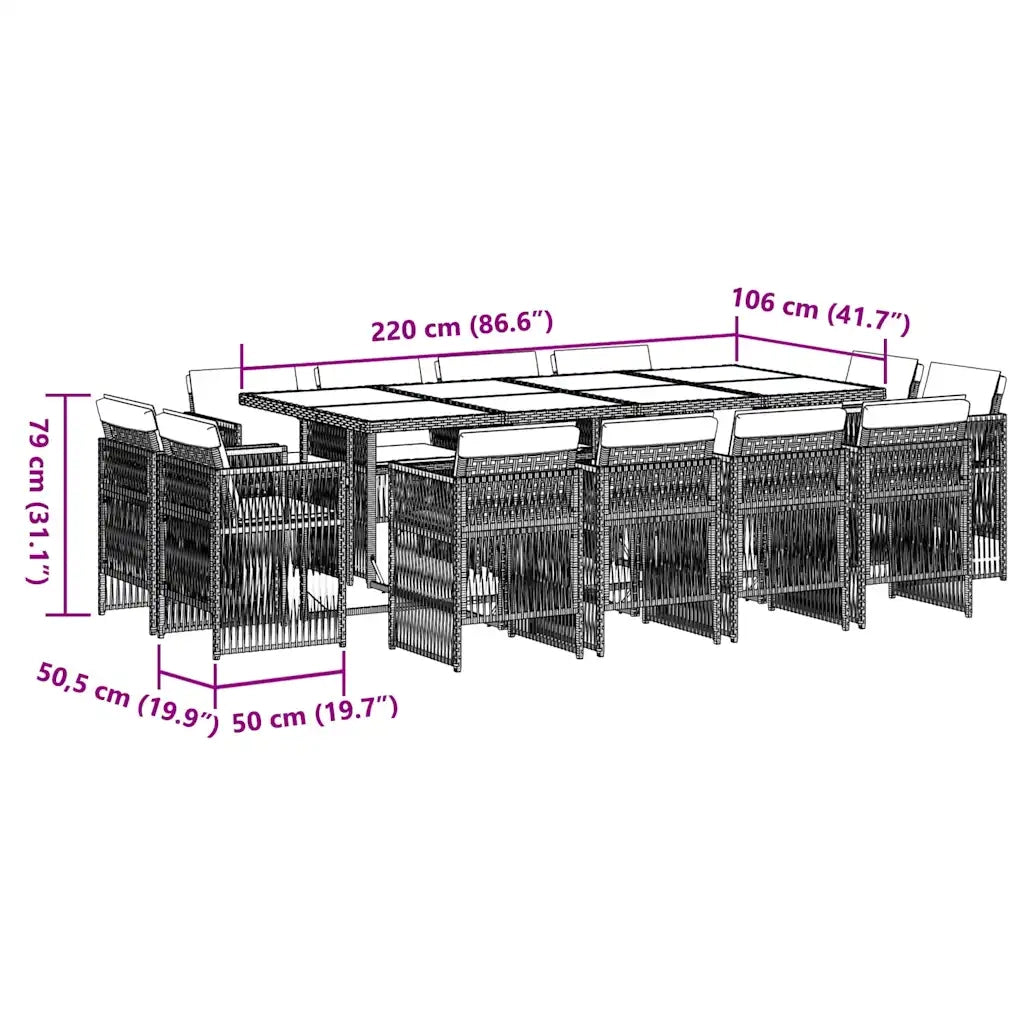 Set da Pranzo da Giardino 13pz con Cuscini Grigio in Polyrattan 3211043