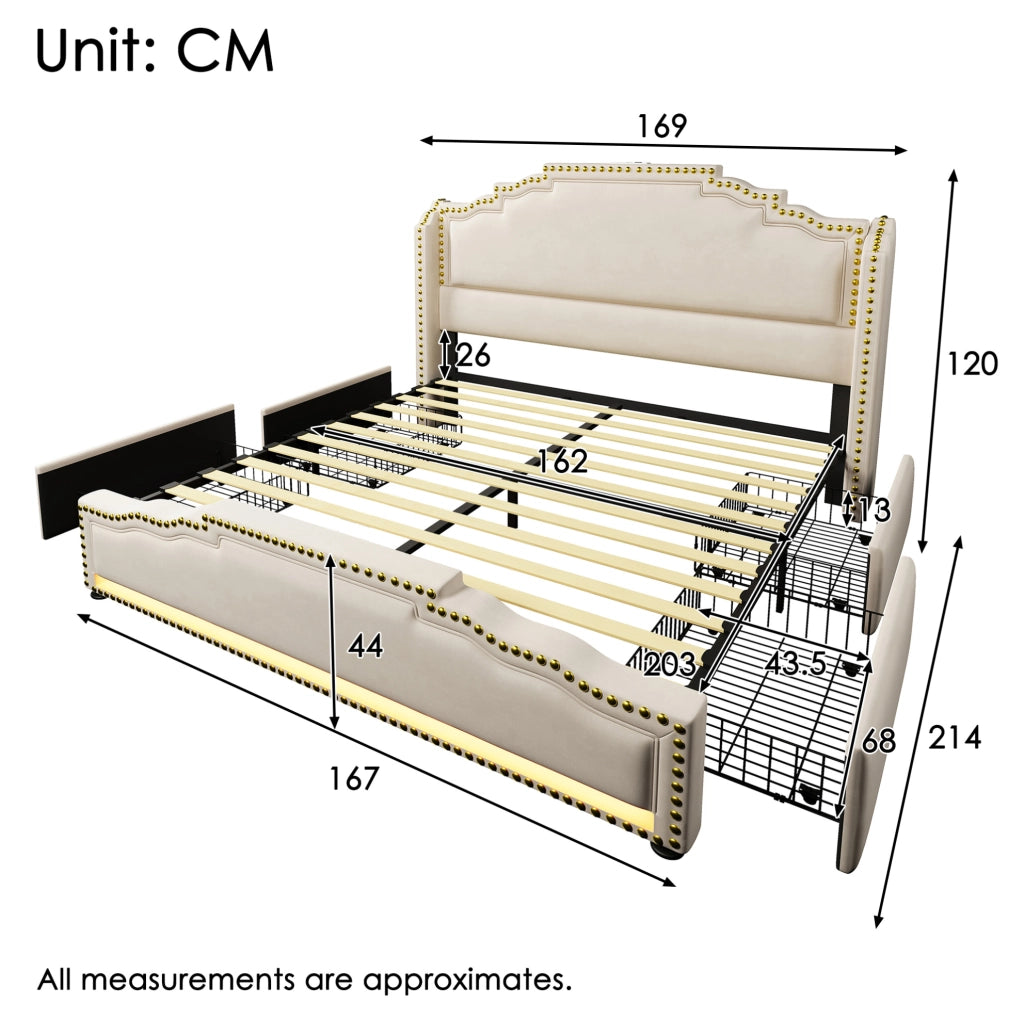 LETTO 160x200 cm in velluto beige con LED e porte USB/Type-C