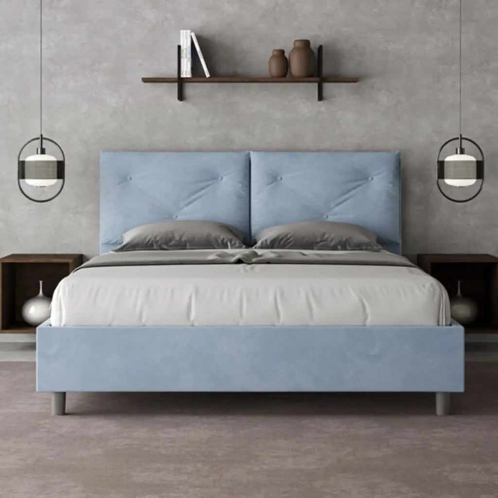 Letto matrimoniale con rete imbottito 160x190 microfibra azzurro Appia
