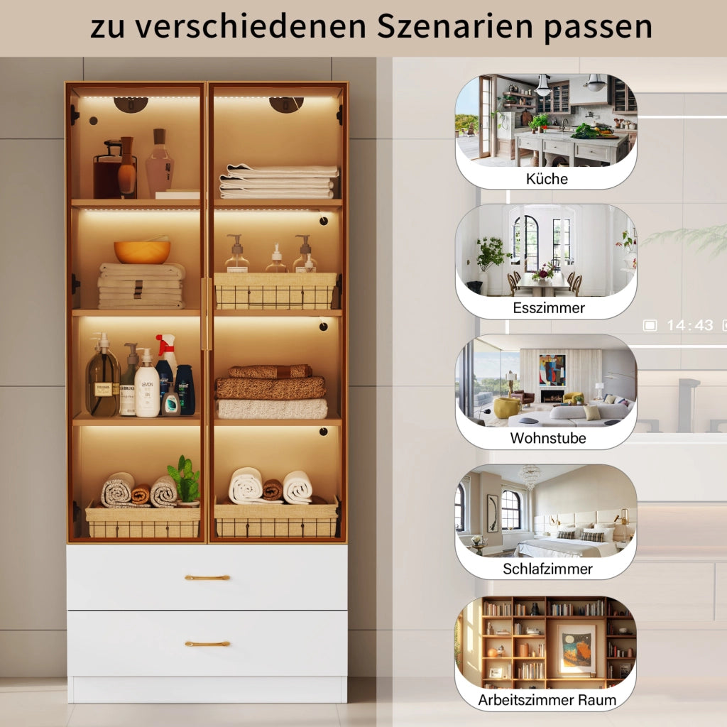 Mobile bagno alto in MDF bianco con ripiani aperti e vetro temperato