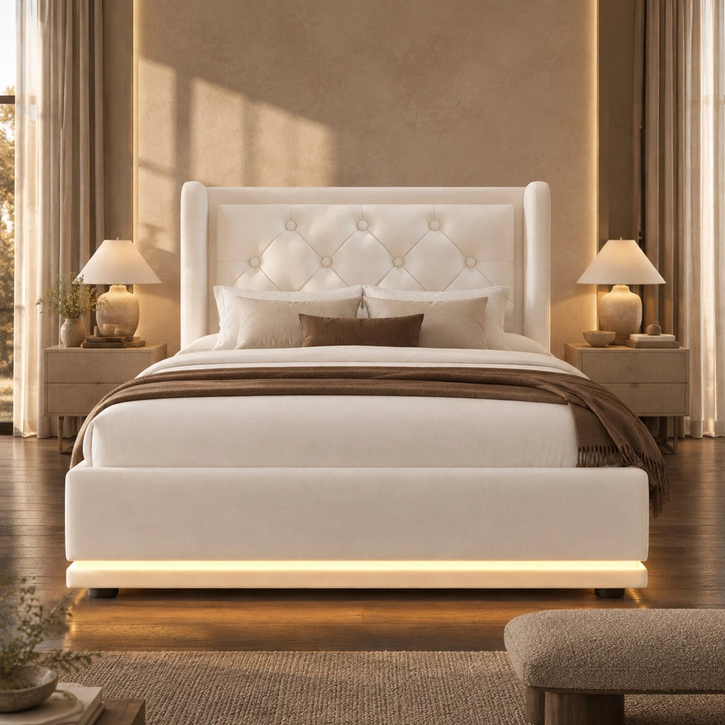 Letto singolo con contenitore 90 × 200 cm con testiera imbottita USB e Type-C LED a 3 lati in PU bianco