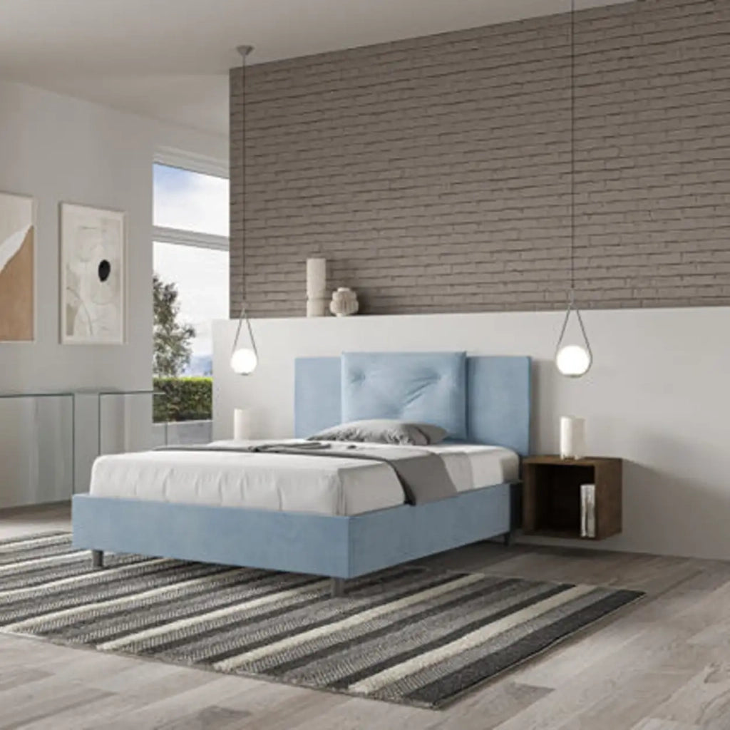 Letto matrimoniale francese con rete imbottito 140x210 microfibra azzurro Appia