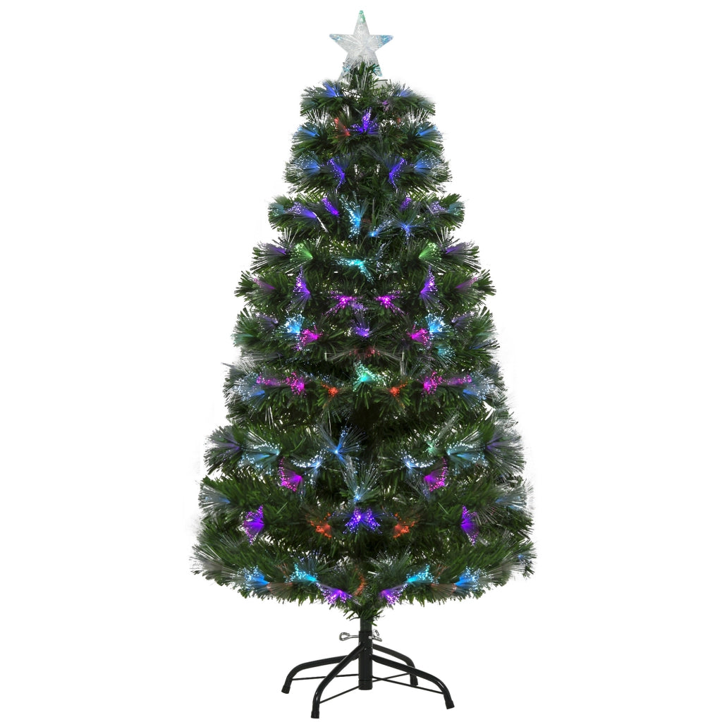 Albero di Natale 120cm con 130 Luci a LED e Fibre Ottiche Colorate, 130 Rami in PVC Ignifughi e Base in Metallo
