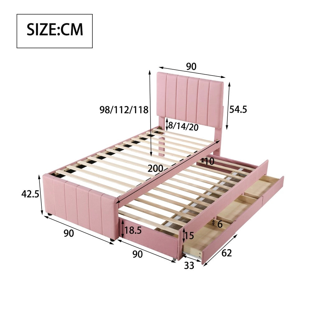 Letto Singolo Imbottito con Rollbett e Cassetti ¨C MINIMAL ¨C Rosa 90x200