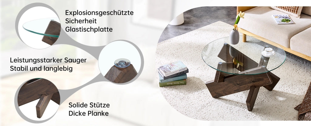 TAVOLINO rotondo 79 cm MDF e vetro trasparente effetto noce