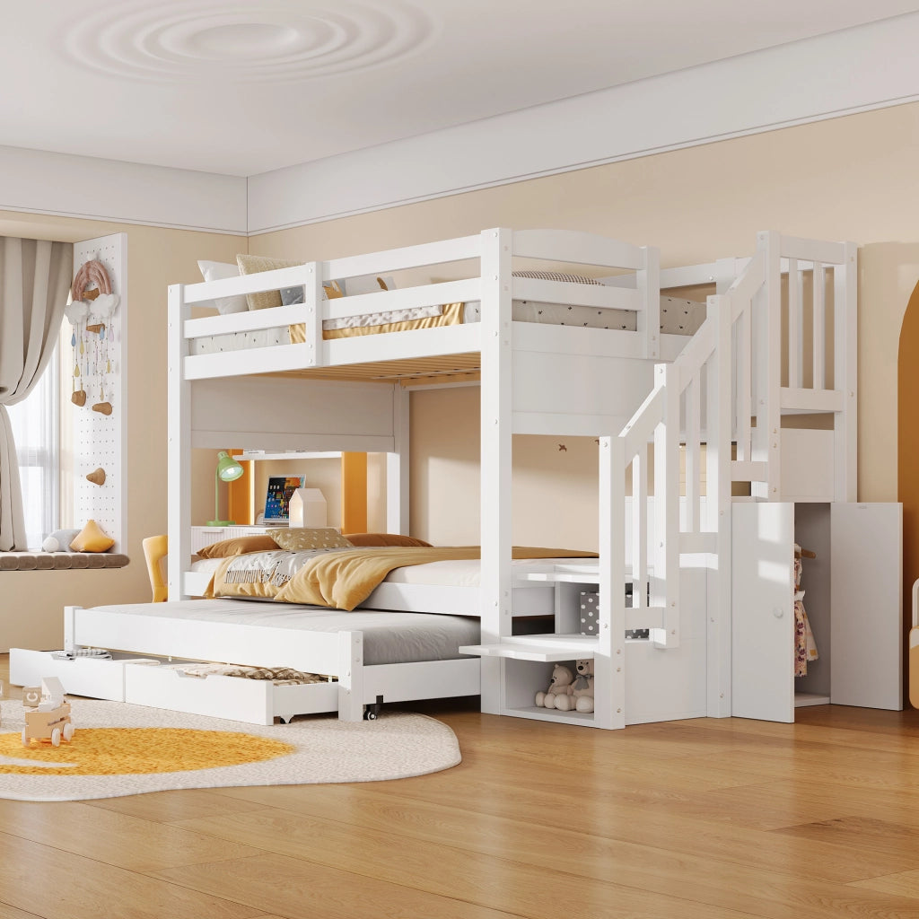 Letto a castello 90x200 cm con estraibile; scala contenitore e armadio; in pino e MDF bianco per cameretta