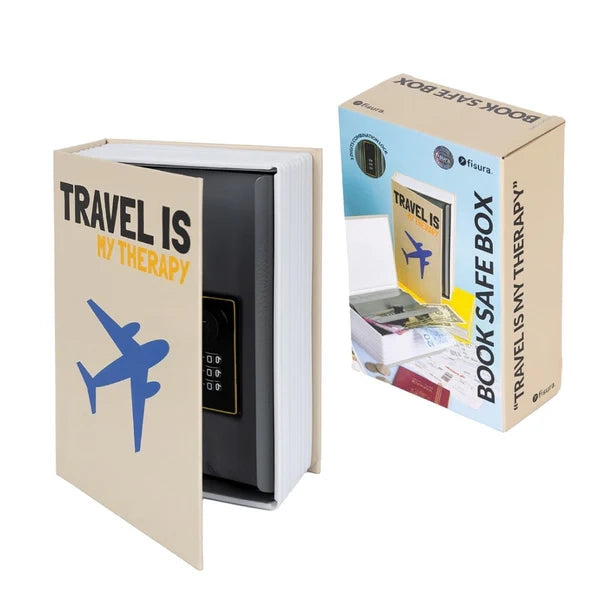 Cassaforte a forma di libro con scritta  "Travel is my therapy"