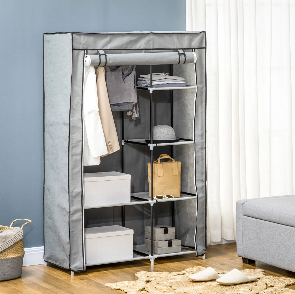 Armadio in tessuto grigio 103 x 43 x 162,5 cm con asta e 6 ripiani