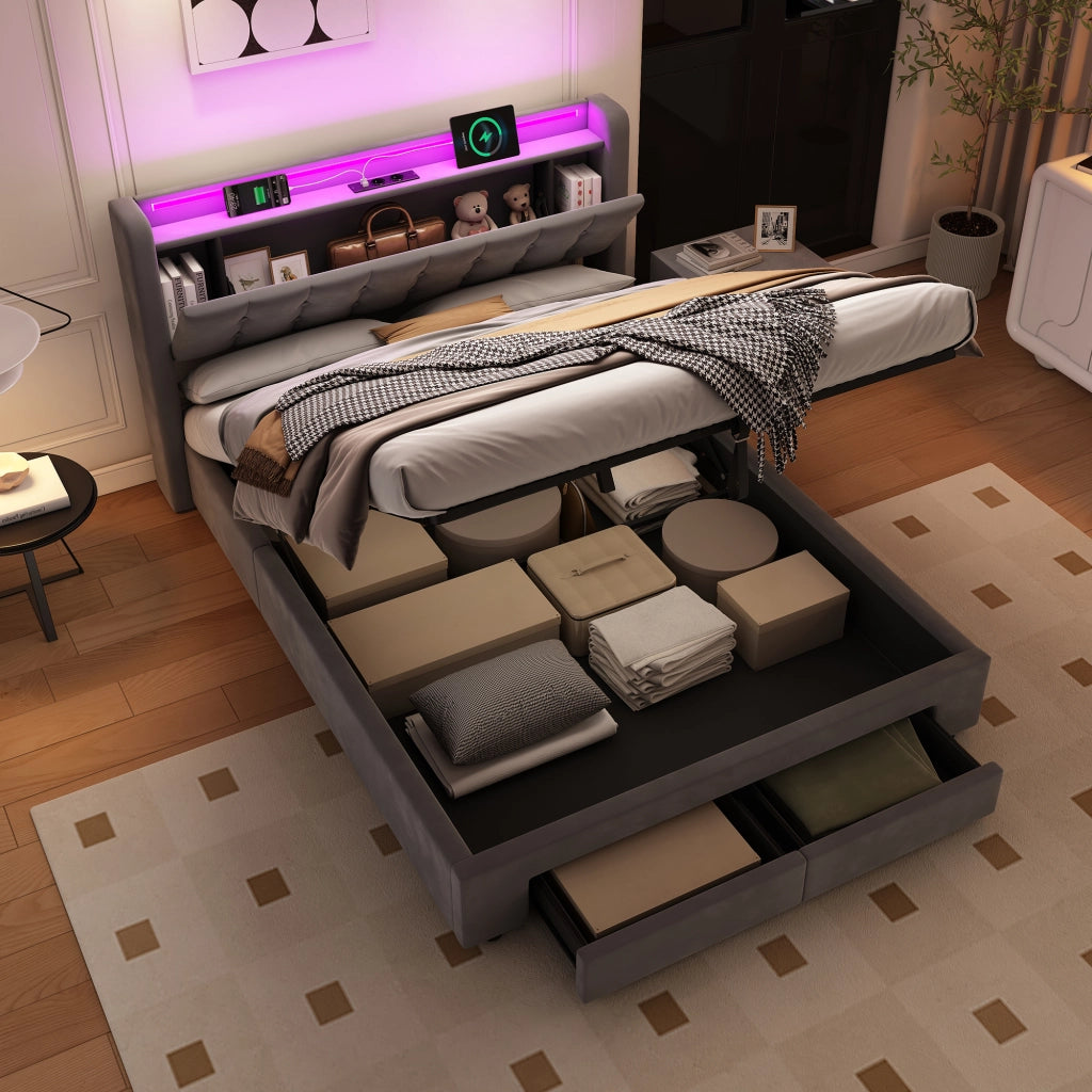 Letto imbottito 140x200 cm in velluto con LED, 2 cassetti e porte USB