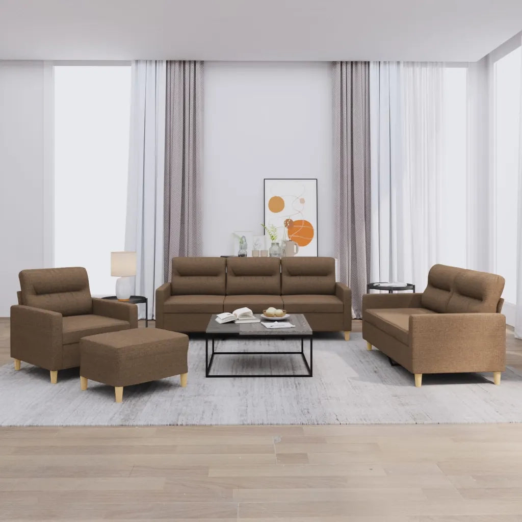 Set di Divani 4 pz con Cuscini Marrone in Tessuto