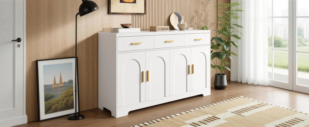 Credenza con cassetti, ripiani regolabili, piano elevabile in MDF bianco