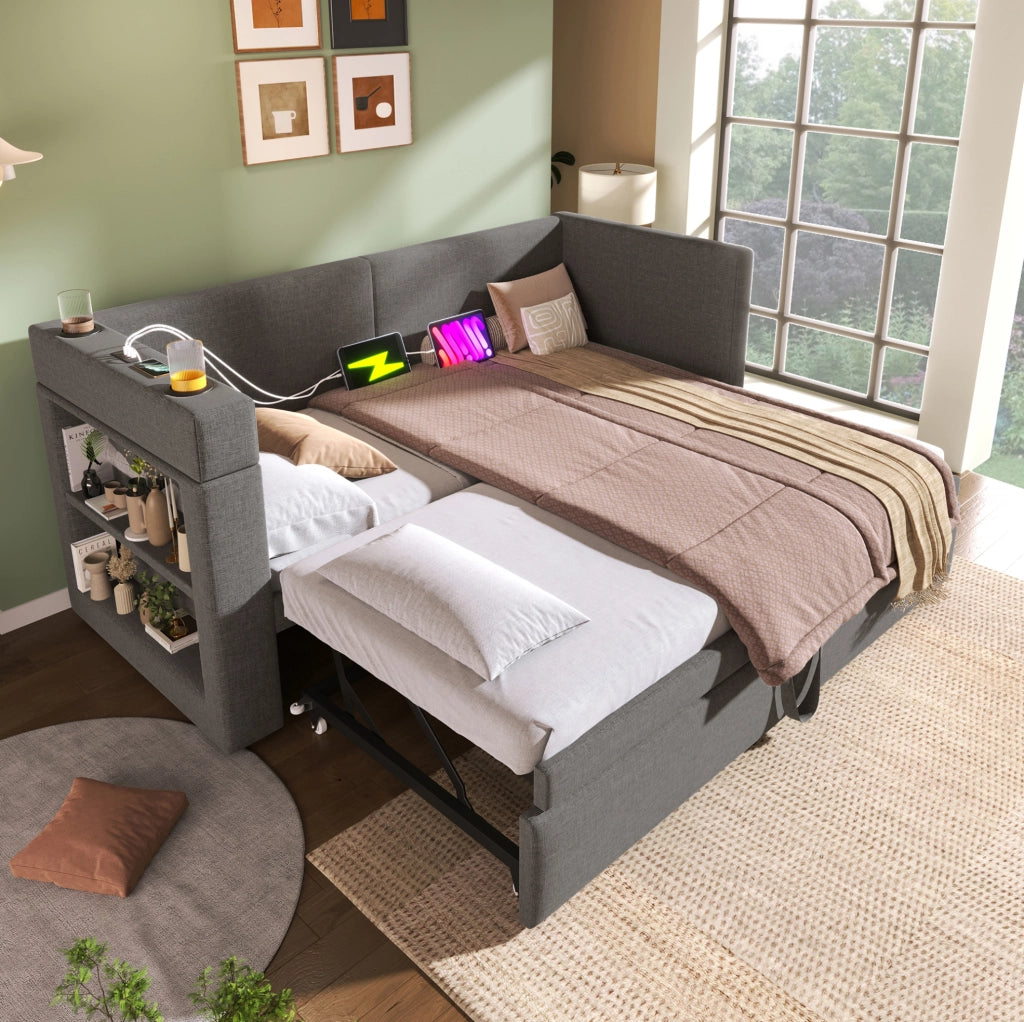 Divano letto a cassetto 90x200 cm grigio con USB e contenitore， senza materasso